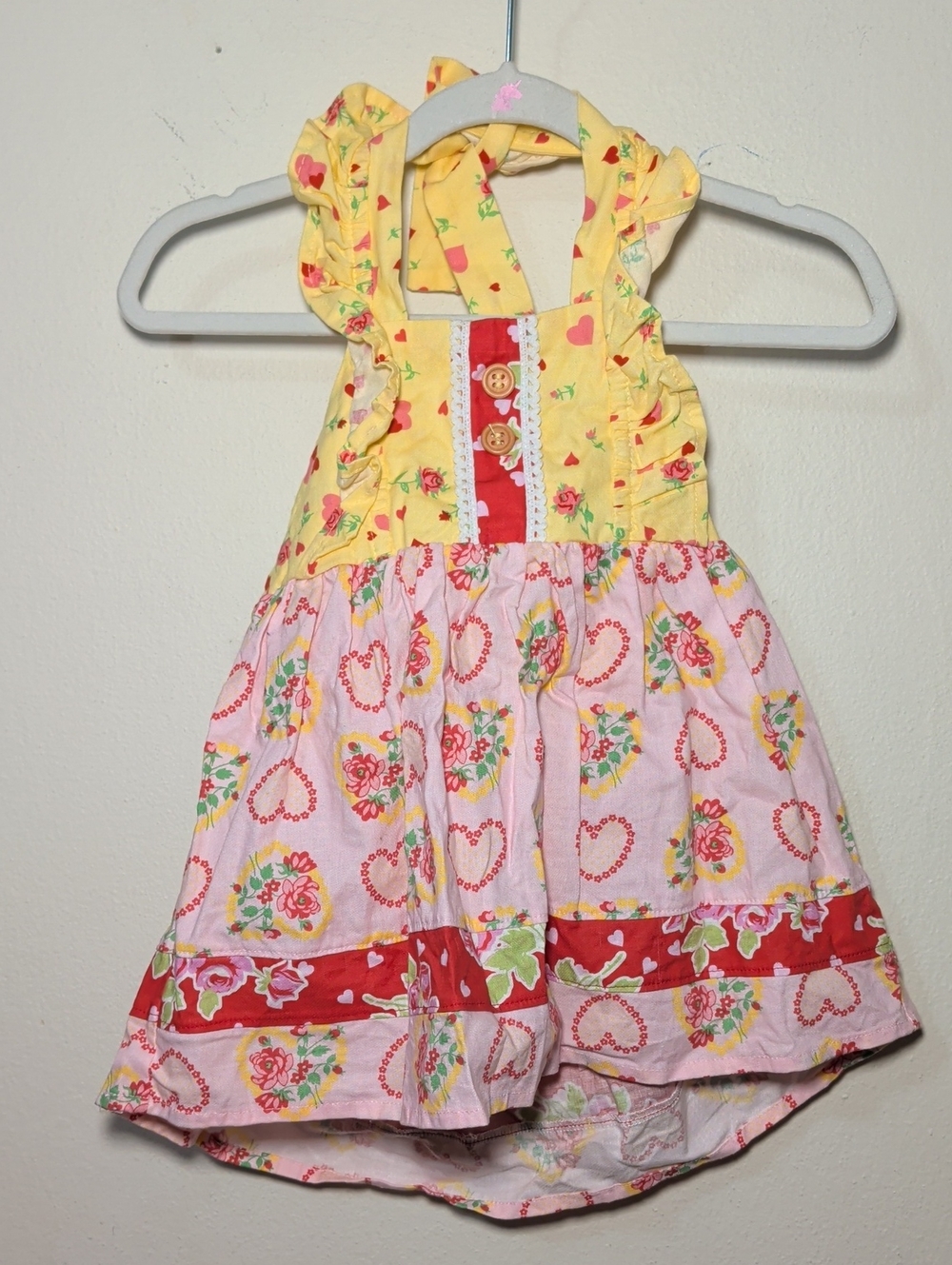 Widdle Me Pink + Yellow Halter Dress Floral Hearts Ruffle Whimsical Size 18-24M